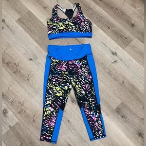 LulaRoe Rise Vibrant Abstract Print Sports Bra + Leggings Set in Blue XL
